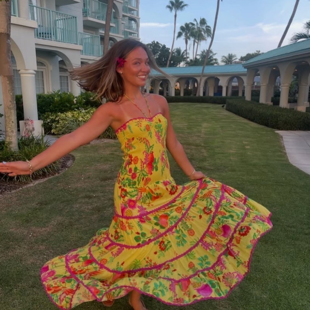 Farm Rio Delicate Fruit Garden Yellow Smocked Strapless Halter Tiered Maxi Dress - Picture 2 of 14